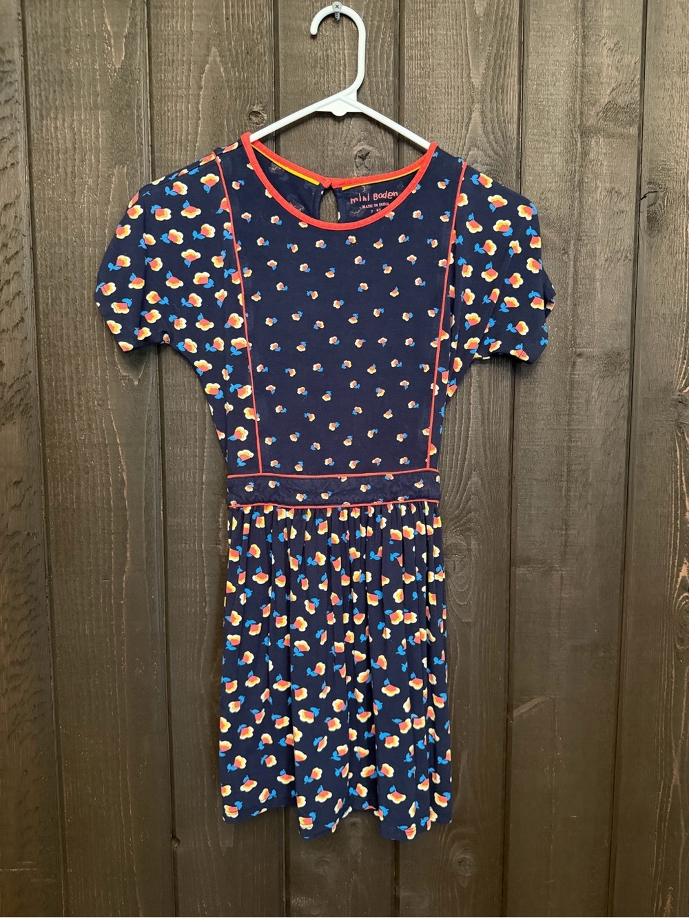 Mini Boden Girls 7-8 Years Navy w/Red Trim and Flowers Dress EUC